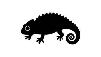 Minimalist black silhouette of a chameleon with curled tail and arched back