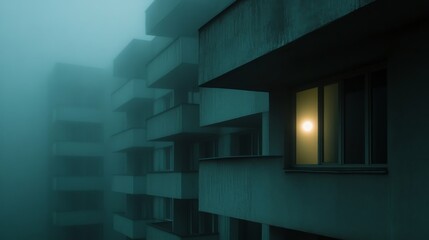 Obraz premium A 1990s concrete housing block building in a dystopian landscape of soft green and blue tones. Brutalist architecture from the 1990s.