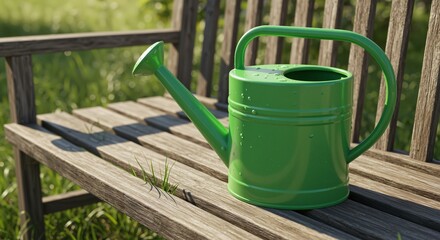Green watering can resting on a wooden bench surrounded by lush grass, evoking a fresh and rejuvenating spring atmosphere, symbolizing nurturing and growth