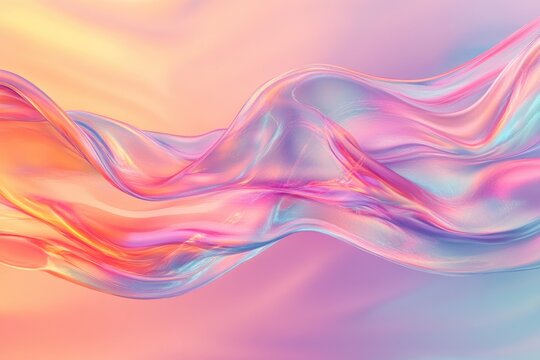 An iridescent fluid abstract image with vibrant colors in a smooth, flowing style on a soft gradient background. Vibrant holographic fluid colors flow abstractly. pastel pink. MZ 