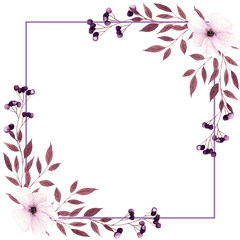 Fantasy brown and light purple leaves, flowers and berries square frame by watercolor.