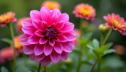 Close-up shot of a vibrant pink dahlia flower in full bloom, with a soft-focus background of green foliage and other flowers