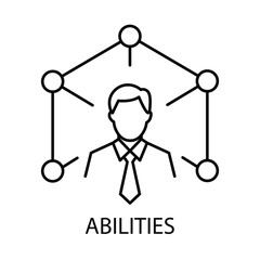 Vector icon for abilities. Outline icon illustrating a professional connected by nodes, representing skills, talents, and network capabilities.