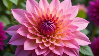 Close-up shot of a vibrant pink dahlia flower in full bloom, with a soft-focus background of green foliage and other flowers