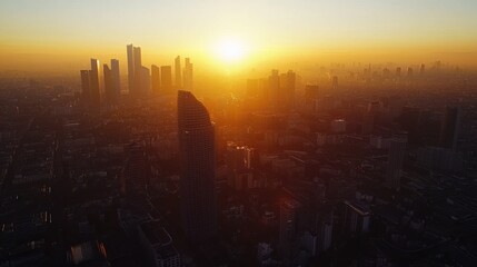 Fototapeta premium Urban Sunrise: A cityscape bathed in the warm glow of the rising sun, with tall buildings silhouetted against the bright sky.