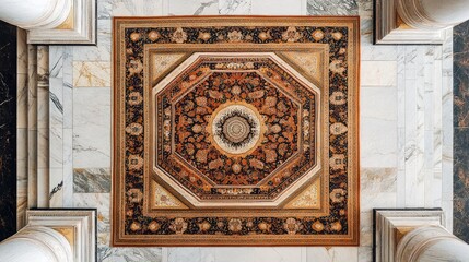 Prayer rugs creating symmetrical patterns across marble floor