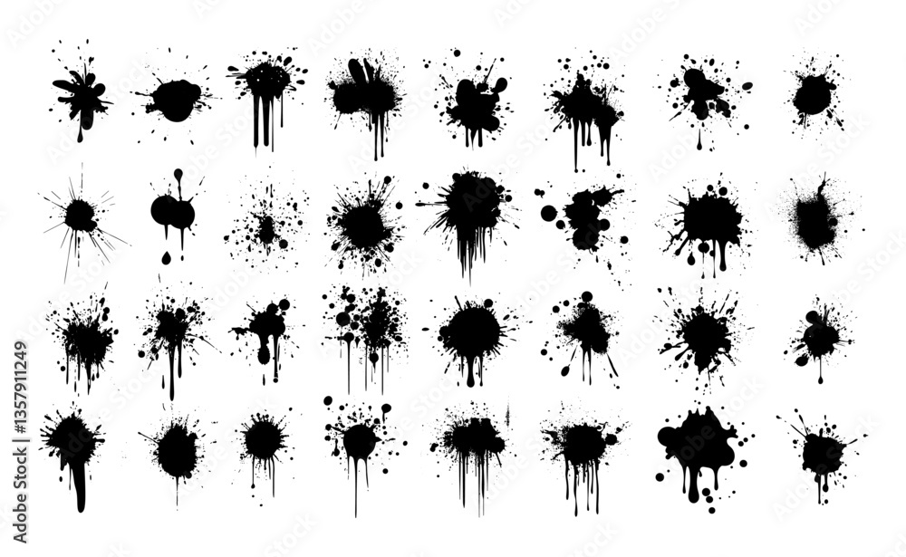 Poster black blots and splashes. stains with blobs and smudges spots splatters splotches graffiti spray gru