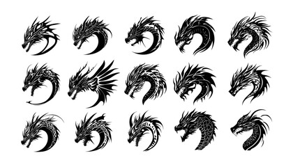 Fototapeta premium Black ink sketch dragons heads. Fantasy wyrm lizard drake scaled magic serpent, mythical legendary flying soaring beast, giant reptile dinosaur monster creature, isolated vector illustrations