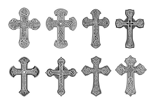 Black ink sketch celtic cross. Old christian symbol with traditional irish scottish gaelic welsh ornaments and patterns, cult crucifix tattoo flashes hand drawn monochrome designs isolated vectors