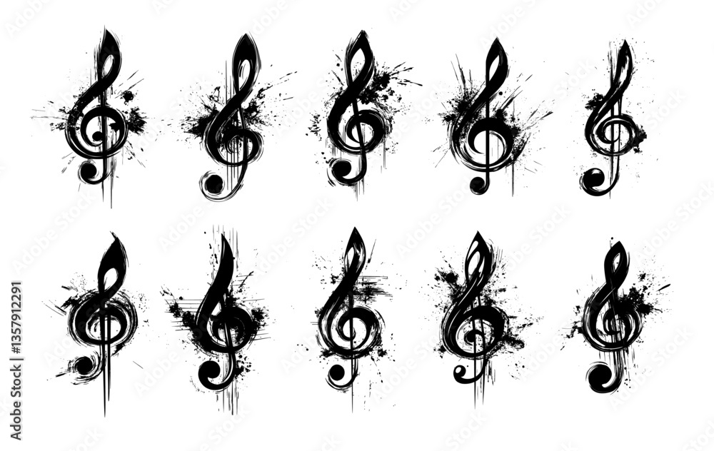 Aufkleber black treble clef with grunge elements. musical notes symbol with splashes smears and blotches splat