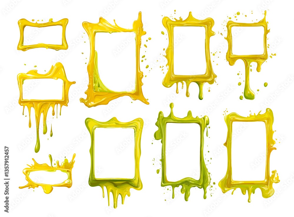 Poster cartoon acid green melting frames. leaking sour squares, molting fusing dripping empty borders with 