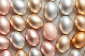 Elegant pastel Easter eggs in shades of pink, gold, and silver are arranged in a captivating pattern, evoking the joy and vibrancy of spring festivities and holiday celebrations Generative AI