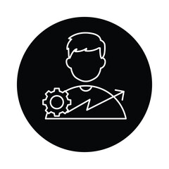  Vector icon for personal development. Outline icon showing a person with a gear and an upward arrow, representing growth, self-improvement, and skills enhancement.