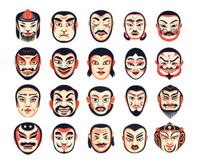 Cartoon asian masks. Japan chinese kabuki traditional ceremonial cult face cover accessories, king demon prince princes queen theatre actor avatars characters, isolated vector illustrations