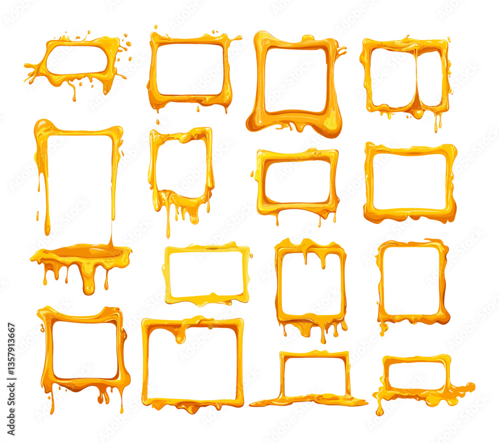 Poster cartoon cheese melting frames. leaking cheddar yellow parmesan squares, molting fusing dripping empt