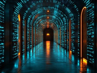 A futuristic archway tunnel illuminated with blue and orange lights