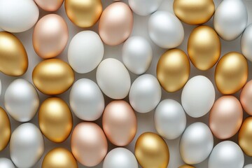 Delight in the festive spirit of Easter with an array of colorful eggs scattered across a vibrant surface, showcasing shades of gold, silver, white, and pastel hues that radiate joy Generative AI