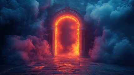 Fiery archway in a stone doorway, enveloped by swirling smoke. Ideal for fantasy, mystery, or portal themed projects.