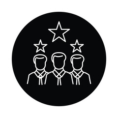 Vector icon for leader. Black and white outline icon showing a group of professionals with stars above them, symbolizing leadership and excellence.