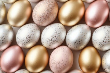 Vibrant easter eggs in shades of gold, silver, and pink adorned with speckled designs bring joy and festivity to spring celebrations Generative AI