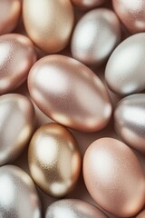A delightful arrangement of gleaming metallic Easter eggs in shades of gold, silver, and rose. Perfectly suited for spring festivities, these decorative pieces enhance the cheerful mood Generative AI