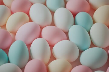 Soft pastel easter eggs in shades of pink, blue, and white spread across a cheerful backdrop, embodying the spirit of spring and the joy of the holiday Generative AI
