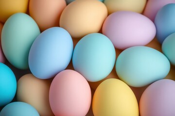 A delightful assortment of pastel-colored easter eggs fills the canvas with soft hues of blue, yellow, and pink Generative AI