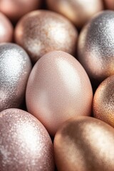 Beneath an array of stunning Easter eggs, shimmering metallic hues create a bright and cheerful atmosphere, perfect for spring celebrations and family gatherings filled with joy and fun Generative AI