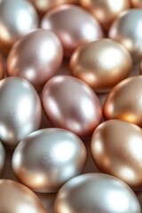 Delicate eggs in shimmering pastel shades are artistically arranged, creating a vibrant display that captures the essence of Easter festivities. Bright reflections enhance their charm Generative AI