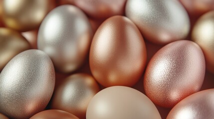 a vibrant background of colored matte easter eggs in dusty champagne gold, rose gold and silver tones, made with Generative AI