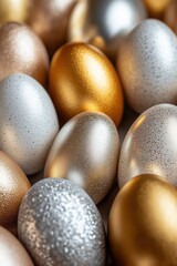 A dazzling array of easter eggs in shimmering gold, silver, and vibrant hues rests together, capturing the joy and spirit of spring festivities, symbolizing renewal and celebration Generative AI