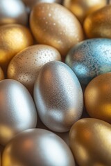 a background of solid colored easter eggs in dusty gold and silver tones, Generative AI