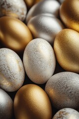 A captivating array of vibrant Easter eggs in assorted colors of gold, silver, and white creates a festive and joyful atmosphere, perfect for spring celebrations and holiday traditions Generative AI
