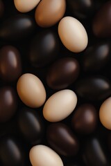 A stunning array of colorful easter eggs in coffee and cream colors as backdrop, Generative AI