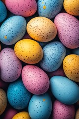 A beautiful background of pastel-colored easter eggs fills the space, showcasing hues of pink, blue, yellow, and speckled patterns Generative AI