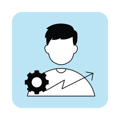  Vector icon for personal development. Outline icon showing a person with a gear and an upward arrow, representing growth, self-improvement, and skills enhancement.