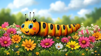 Naklejka premium A cheerful cartoon caterpillar smiling in a colorful flower garden