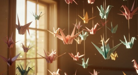 Colorful origami cranes hanging in a sunlit room 