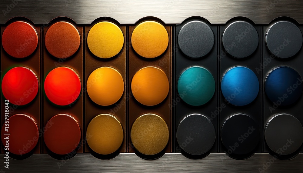 Poster colorful metallic circles in a grid pattern. ideal for backgrounds, presentations, or design project