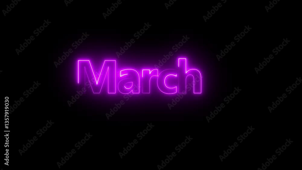 Poster animation of glowing neon shine month name march text icon animation . neon glow signs in seamless l