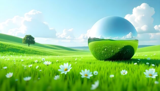 A picturesque landscape featuring a lush green field dotted with white flowers, set against a backdrop of rolling hills and a serene sky