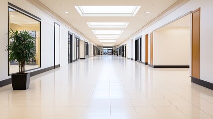 Modern shopping mall interior with polished floors, bright lighting, and empty storefronts