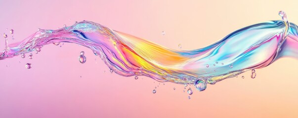 An iridescent fluid abstract image with vibrant colors in a smooth, flowing style on a soft gradient background. Vibrant holographic fluid colors flow abstractly. pastel pink. MZ 