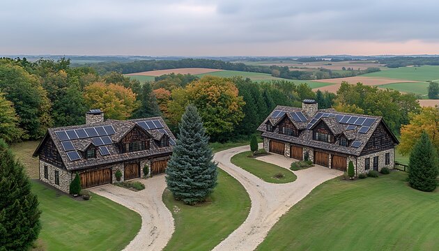Twin luxury houses with solar panels and extensive landscaping exist