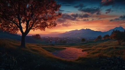 Fototapeta premium Sunrise over a tranquil valley. A picturesque landscape featuring a small town nestled amongst rolling hills, a tranquil stream, and a vibrant sunset sky. Lush green grass and trees frame the scene