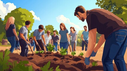 Group of volunteers planting trees in a community garden promoting environmental conservation