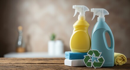 Cleaning products on wooden surface during home maintenance reflecting a fresh and tidy atmosphere, emphasizing preparation for spring cleaning events