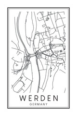 Hand drawn printable downtown road map poster of borough WERDEN of the German city of ESSEN on solid white background with city name