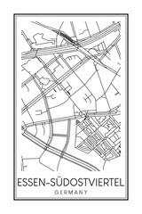 Hand drawn printable downtown road map poster of borough ESSEN-SÜDOSTVIERTEL of the German city of ESSEN on solid white background with city name