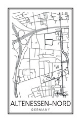 Hand drawn printable downtown road map poster of borough ALTENESSEN-NORD of the German city of ESSEN on solid white background with city name